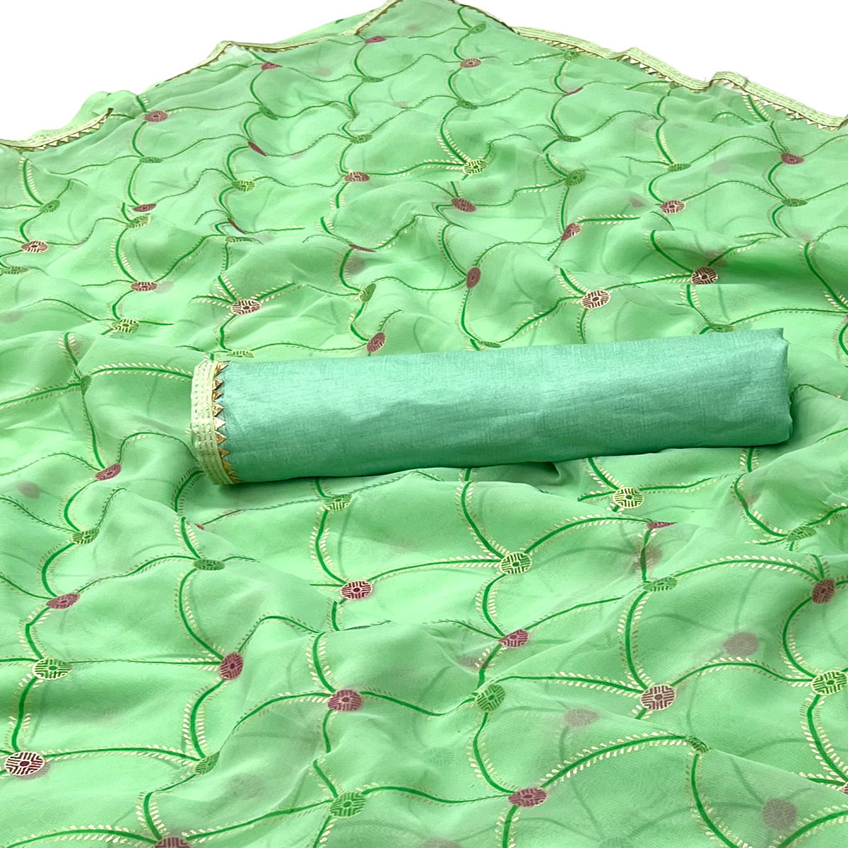 Sea Green Foil Printed Georgette Saree