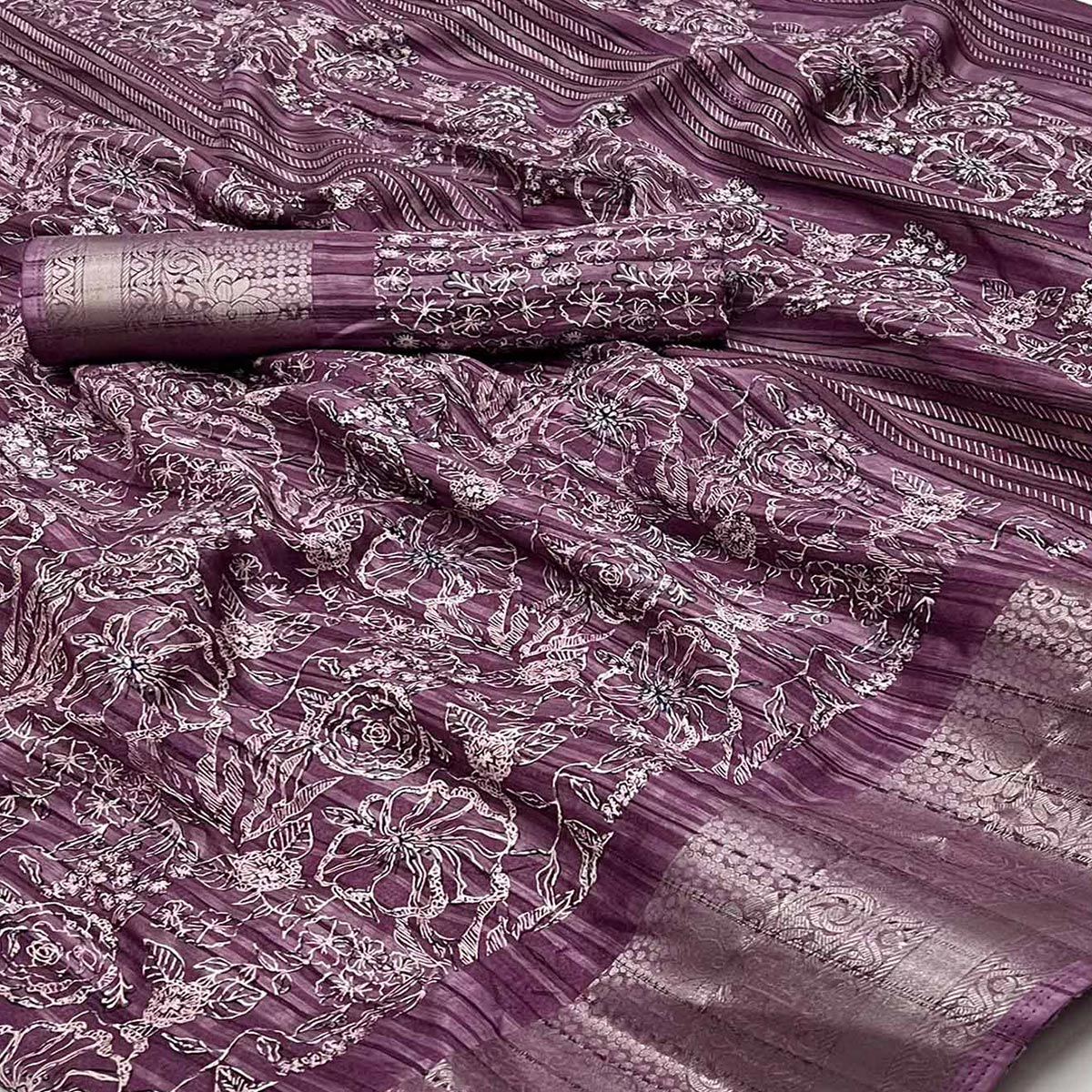Wine Floral Printed Cotton Blend Saree