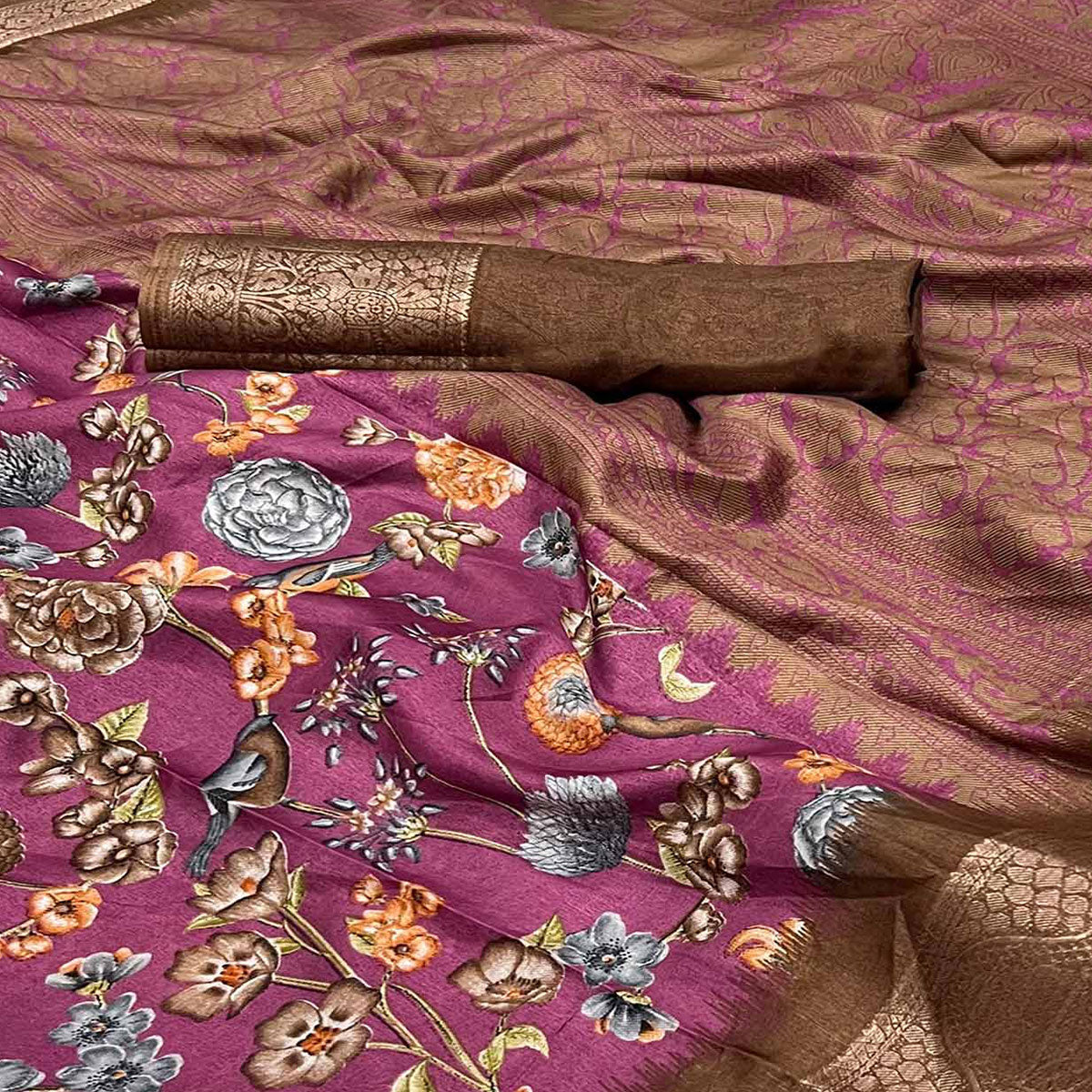 Purple Floral Printed Dola Silk Saree