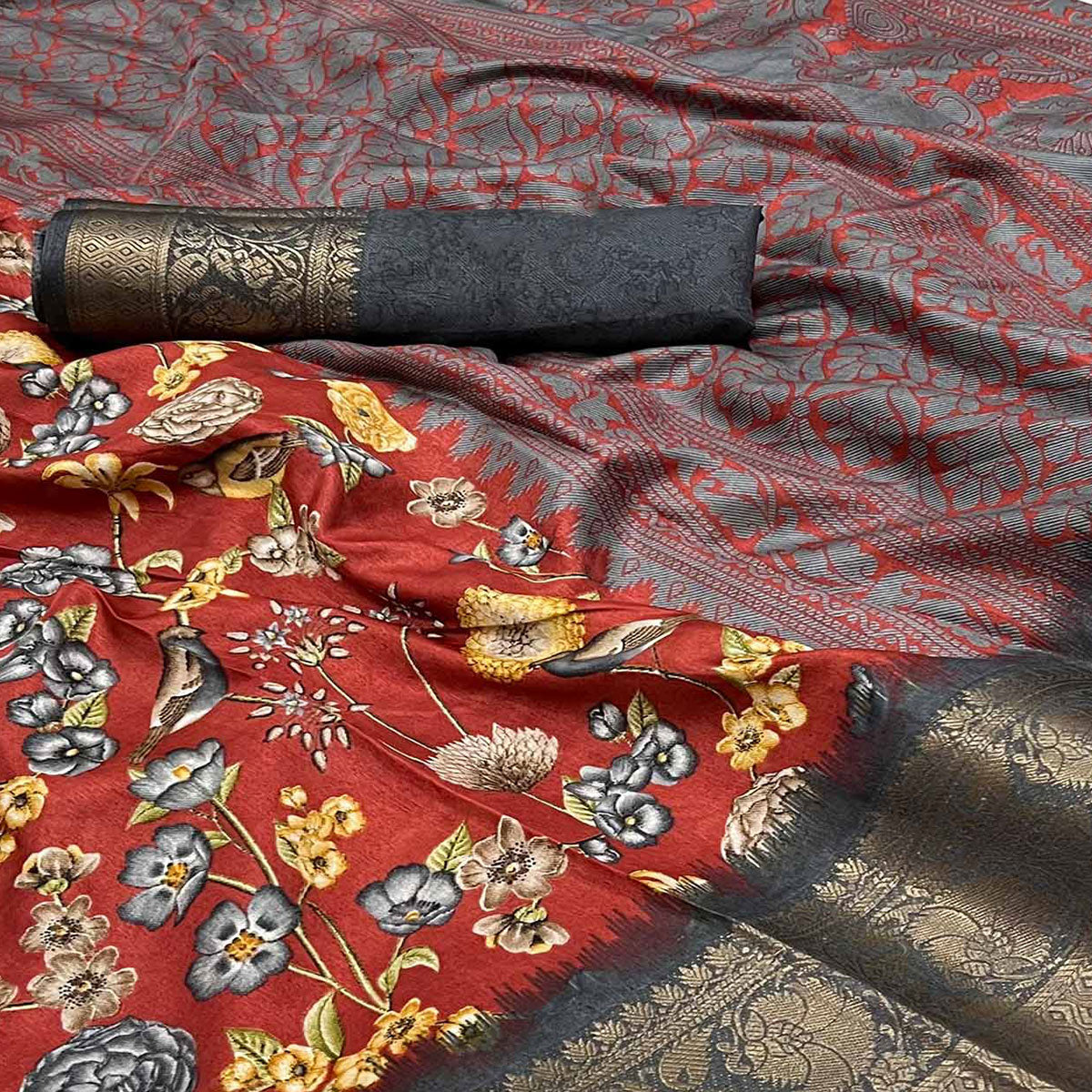 Red Floral Printed Dola Silk Saree