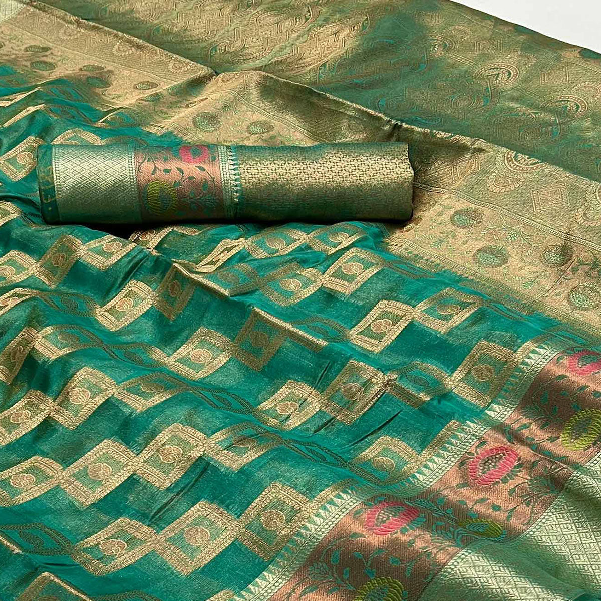 Rama Green Floral Woven Organza Saree