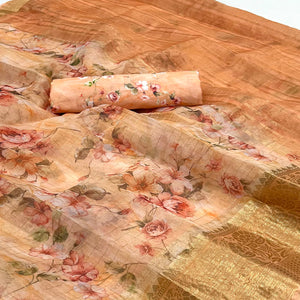 Orange Floral Digital Printed With Woven Border Organza Saree