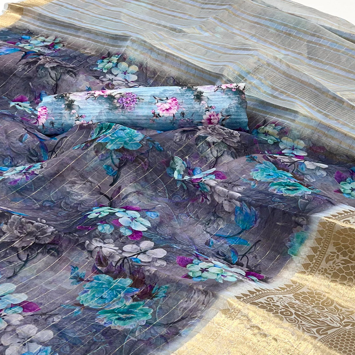 Grey & Blue Floral Digital Printed With Woven Border Organza Saree