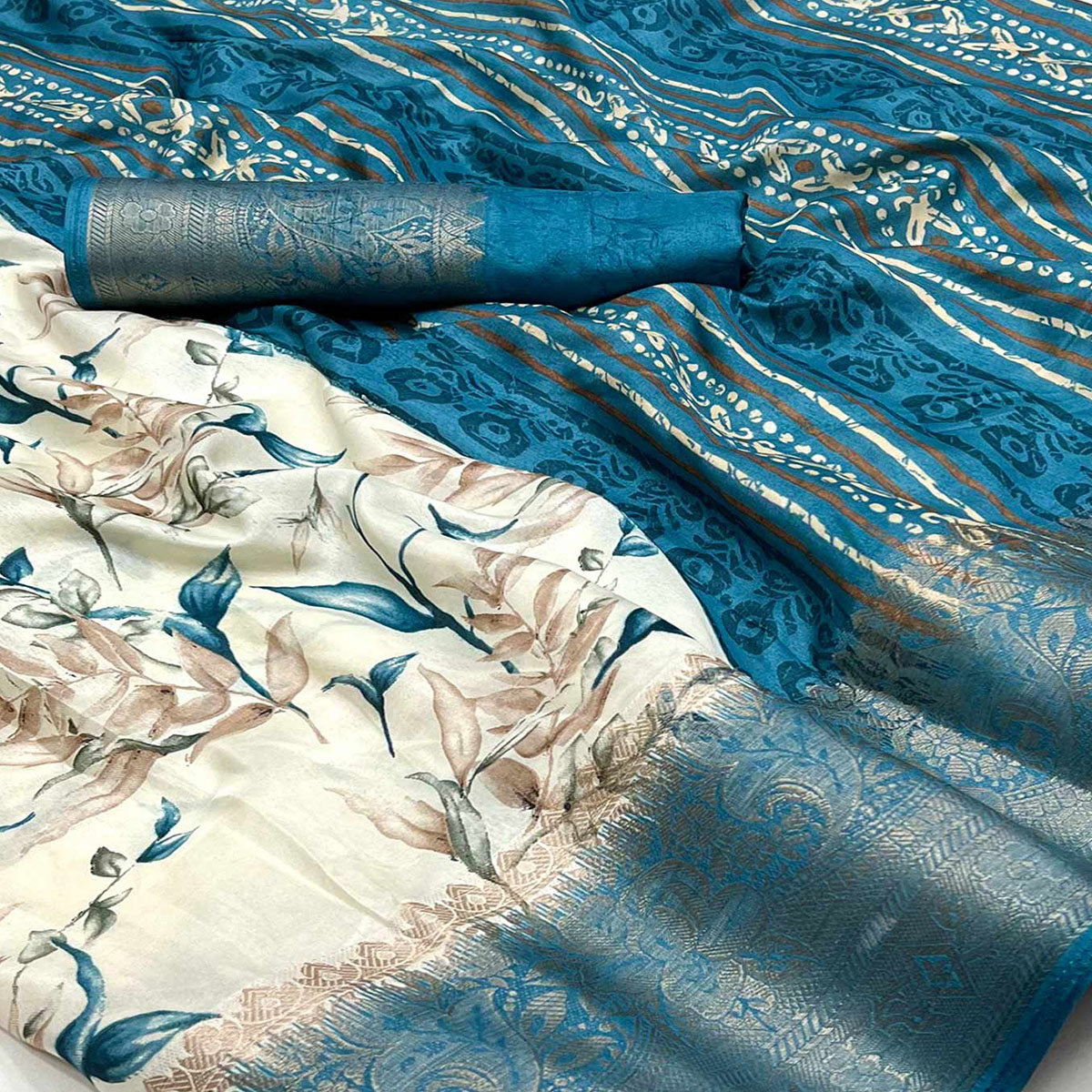 White & Morpich Floral Printed Dola Silk Saree With Woven Border