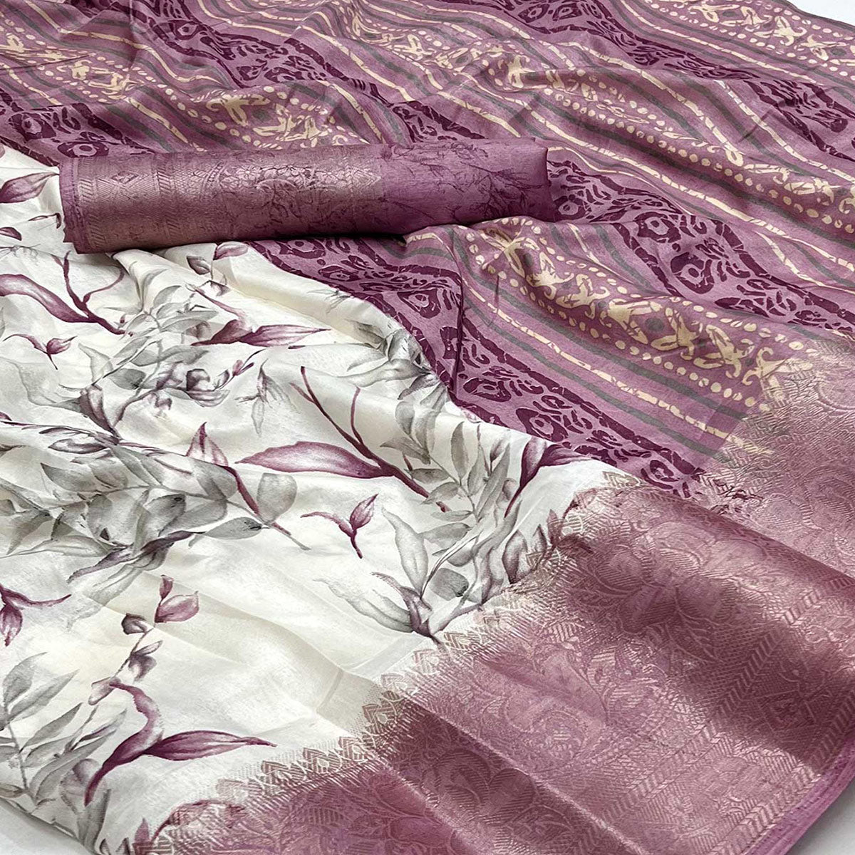 White & Mauve Floral Printed Dola Silk Saree With Woven Border