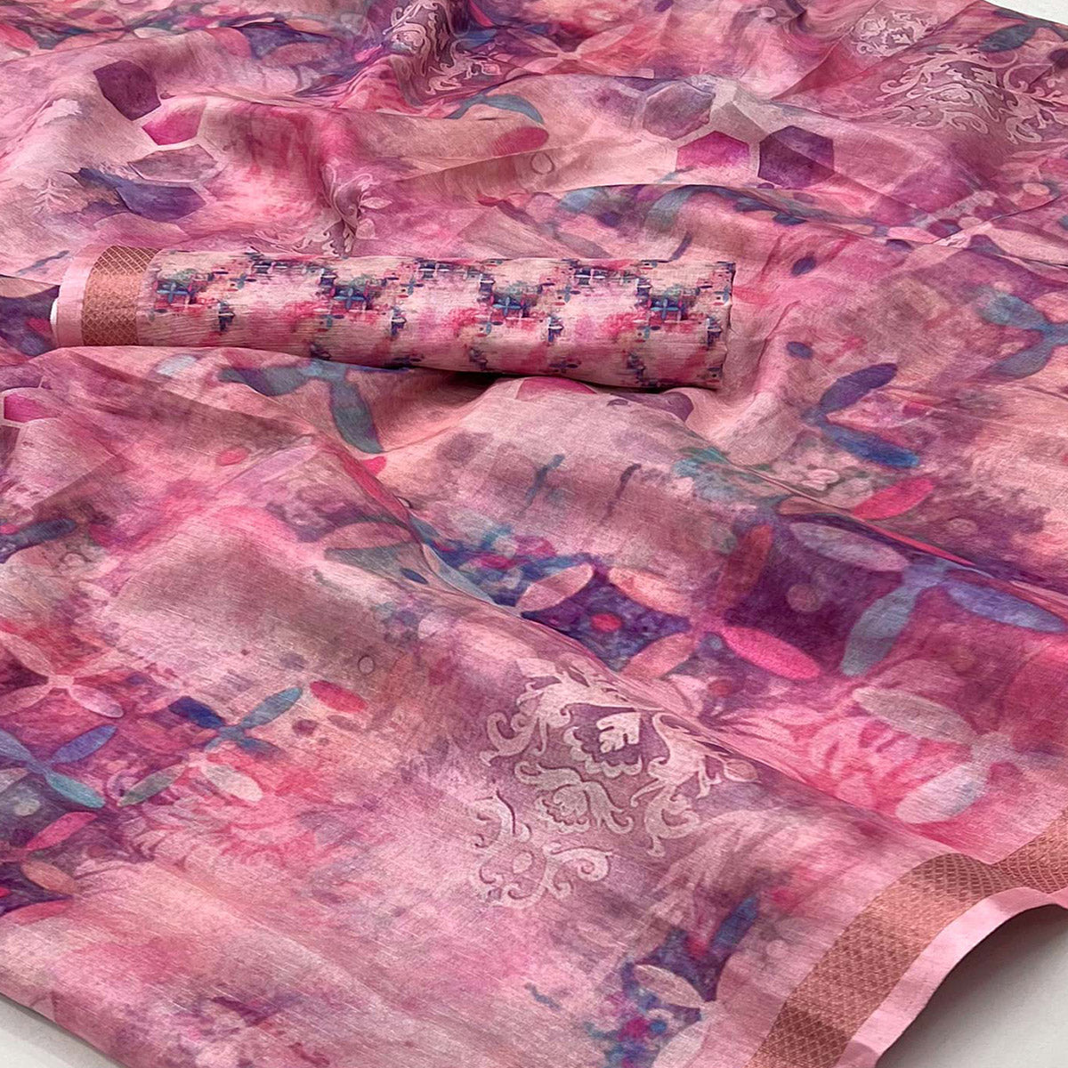 Pink Digital Printed Cotton Blend Saree With Jacquard Border