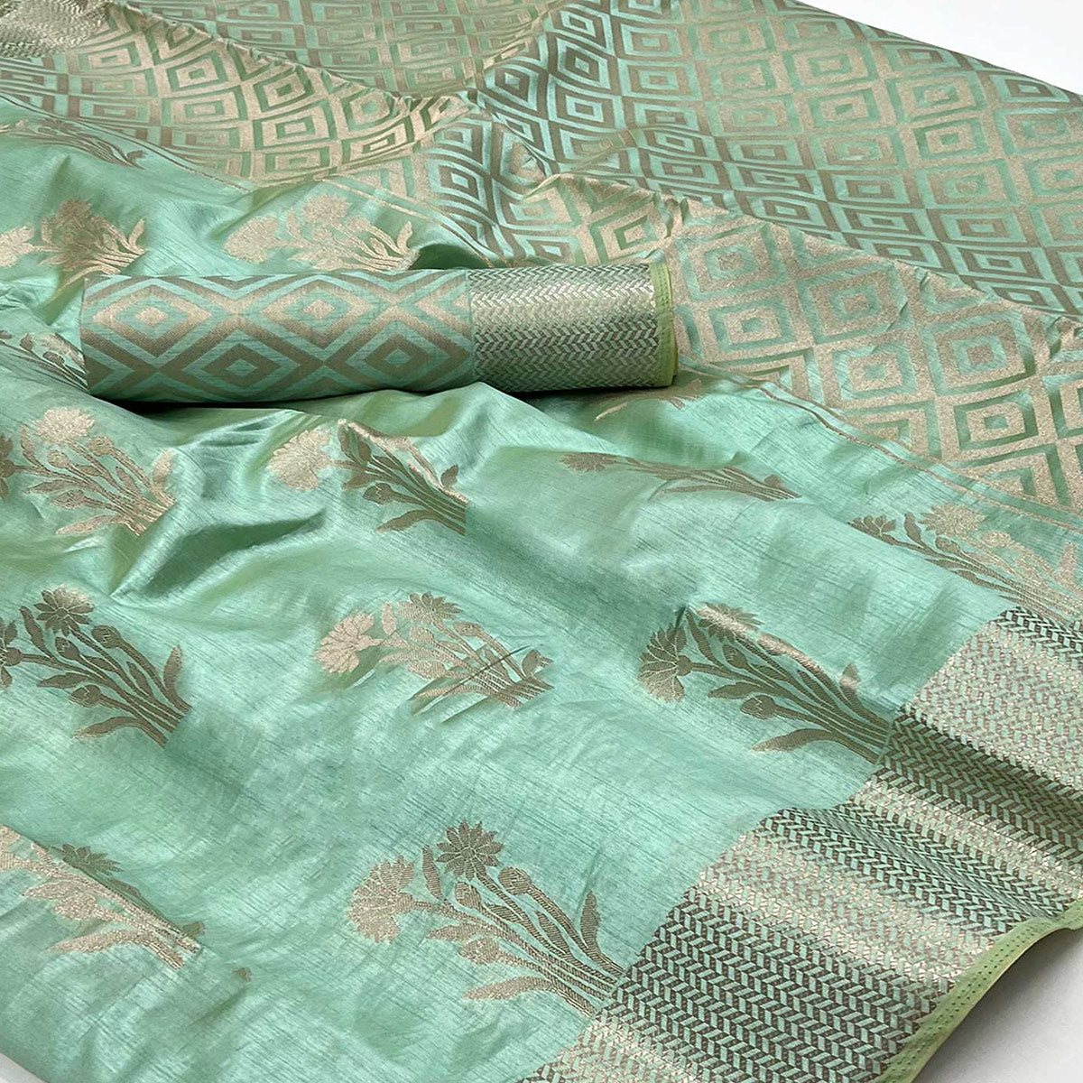 Sea Green Floral Woven Raw Silk Saree