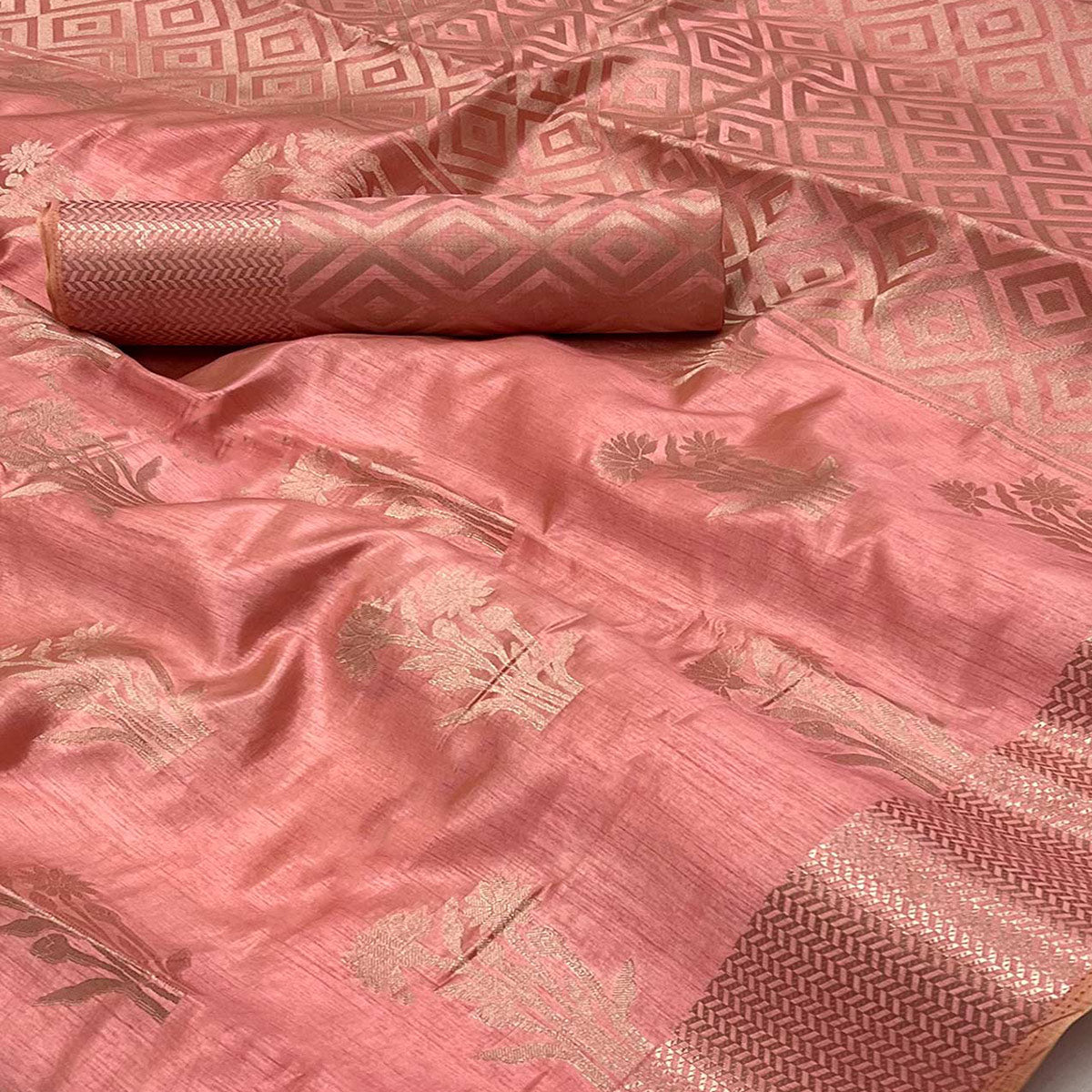 Peach Floral Woven Raw Silk Saree