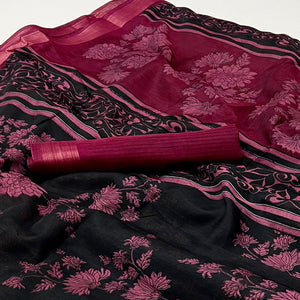 Black & Pink Floral Printed Dola Silk Saree With Woven Border
