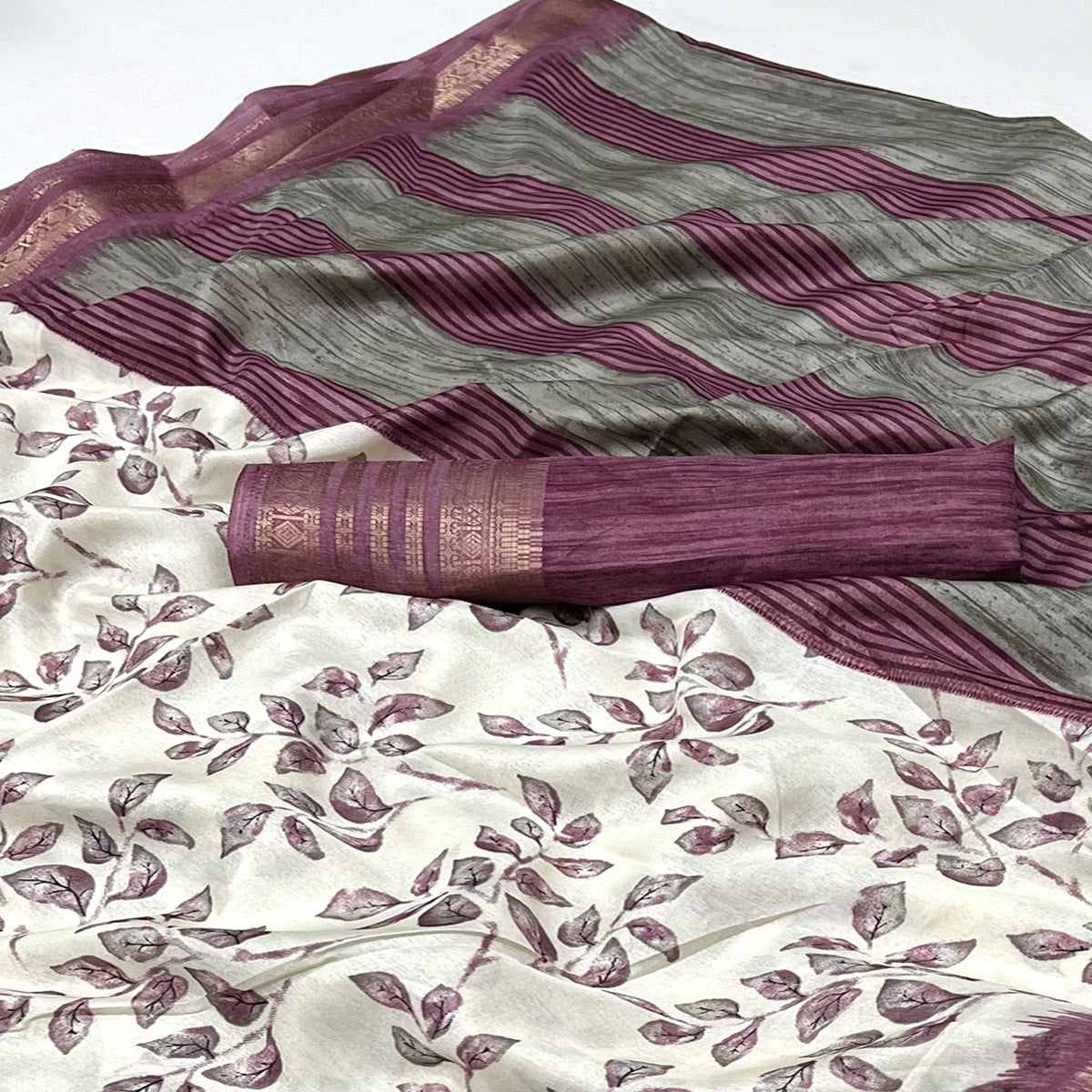 White & Mauve Floral Printed Dola Silk Saree With Woven Border