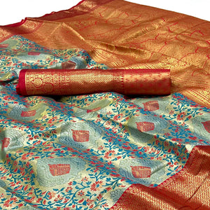 Blue & Red Floral Woven Kanjivaram Silk Saree