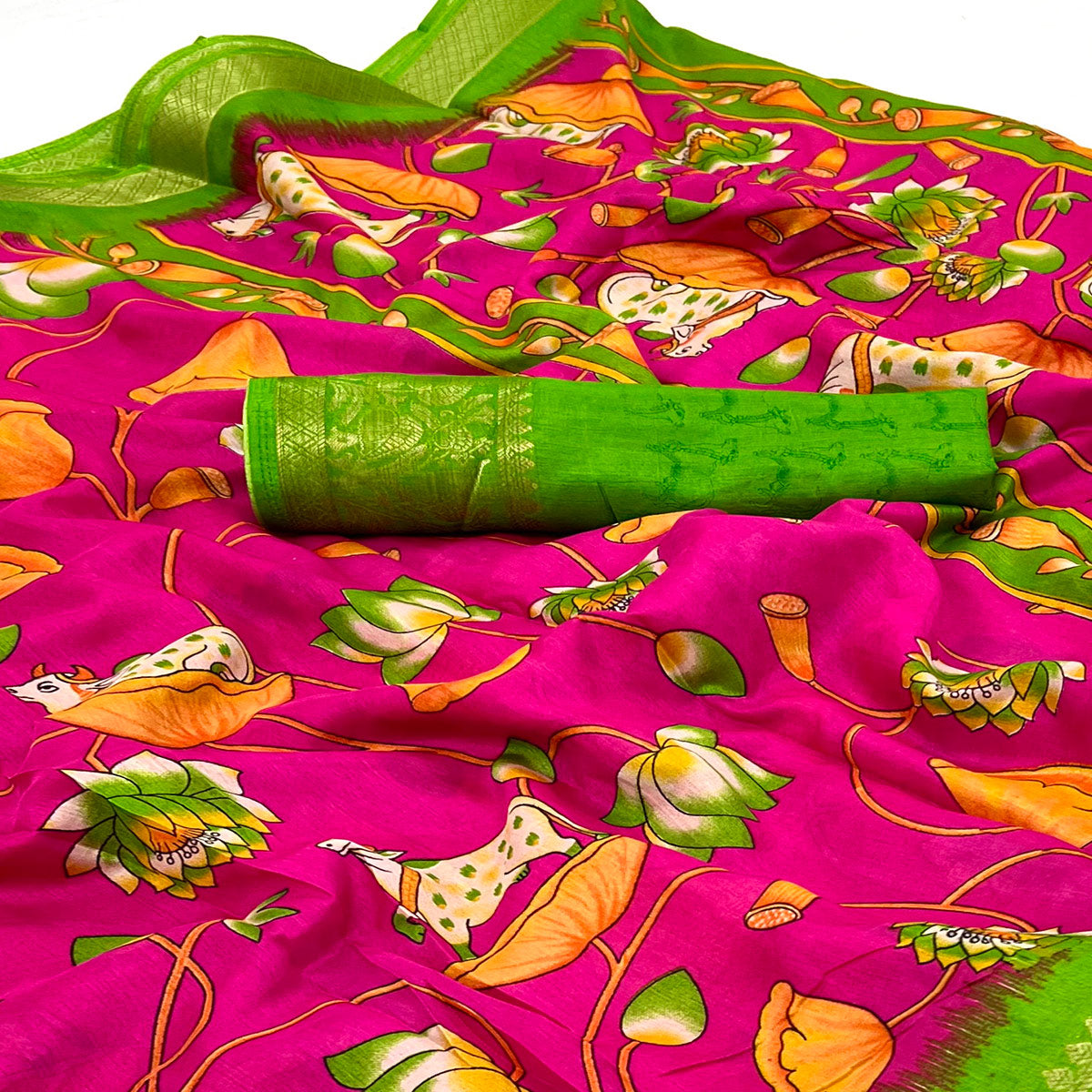 Rani Pink Floral Printed Dola Silk Saree