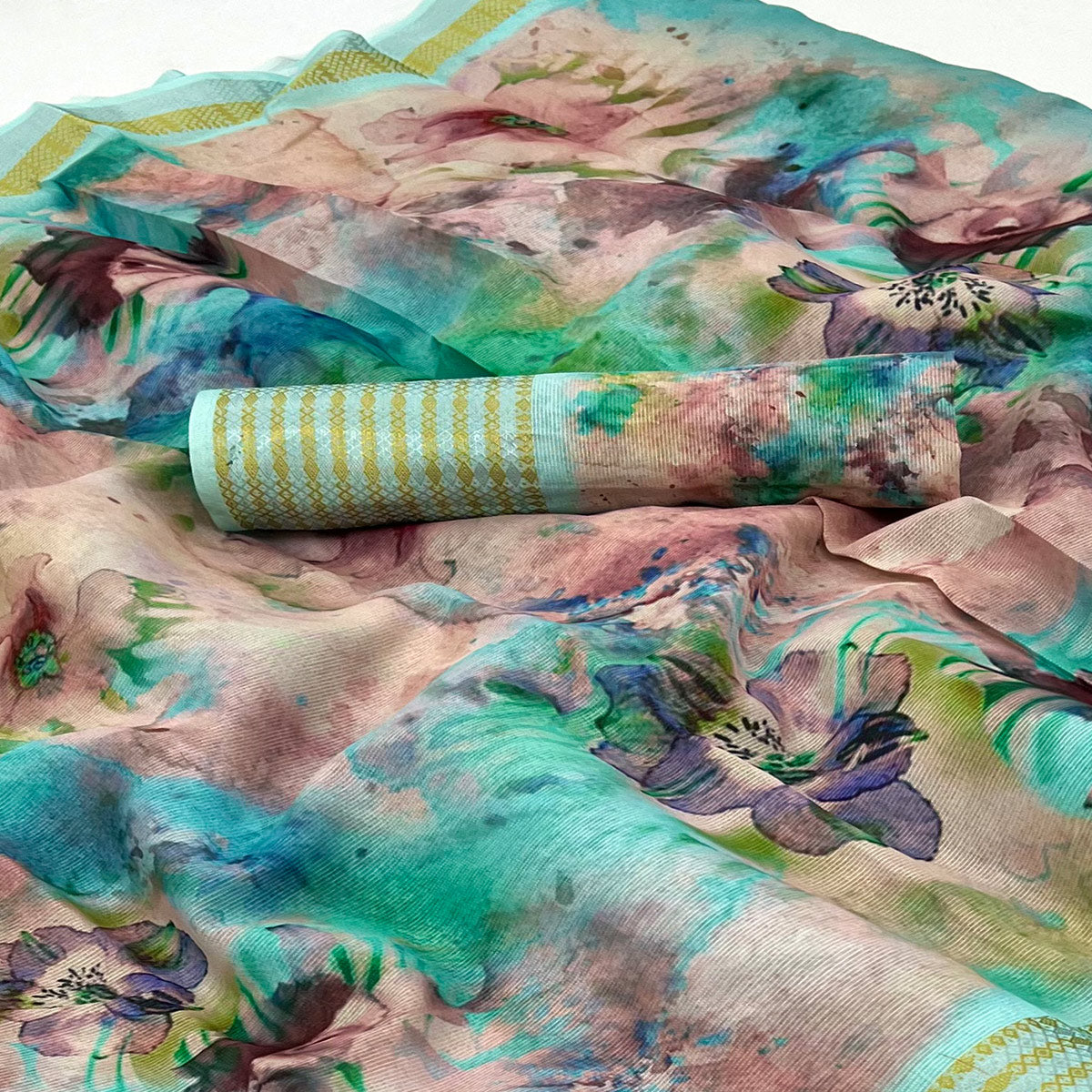 Turquoise Floral Digital Printed Cotton Blend Saree
