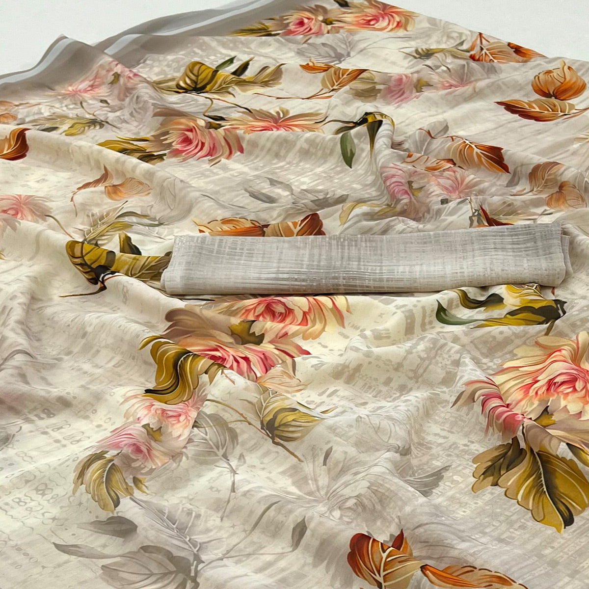 Offwhite & Grey Floral Digital Printed Georgette Saree
