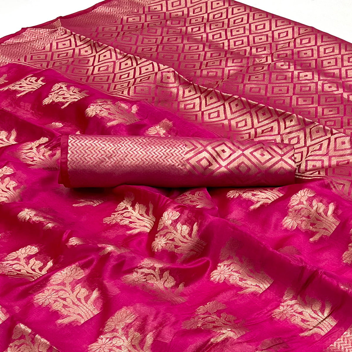Rani Pink Floral Woven Organza Saree