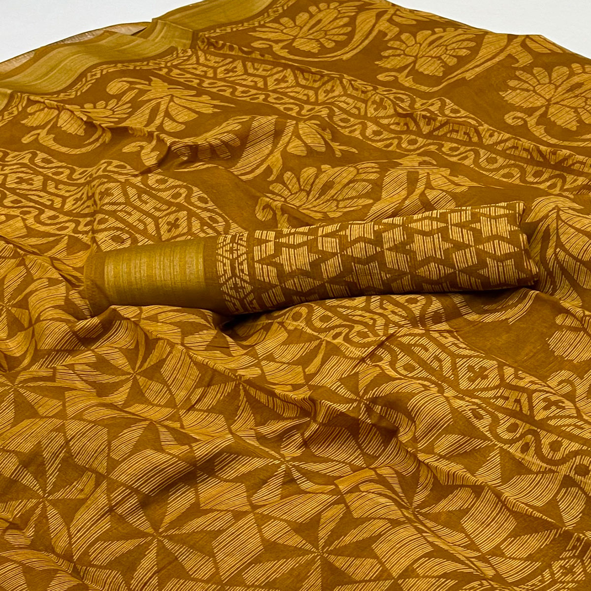 Mustard Printed Cotton Blend Saree