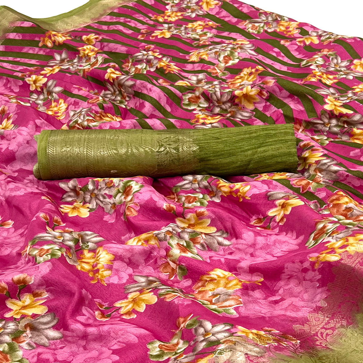 Pink Floral Printed With Woven Border Dola Silk Saree