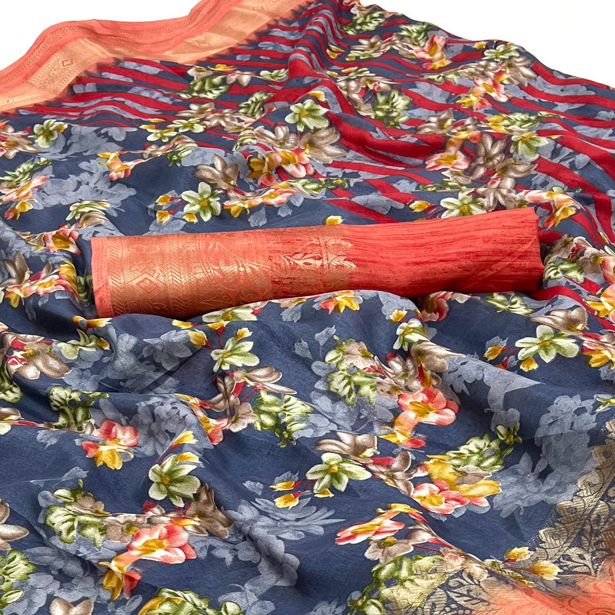 Grey Floral Printed With Woven Border Dola Silk Saree