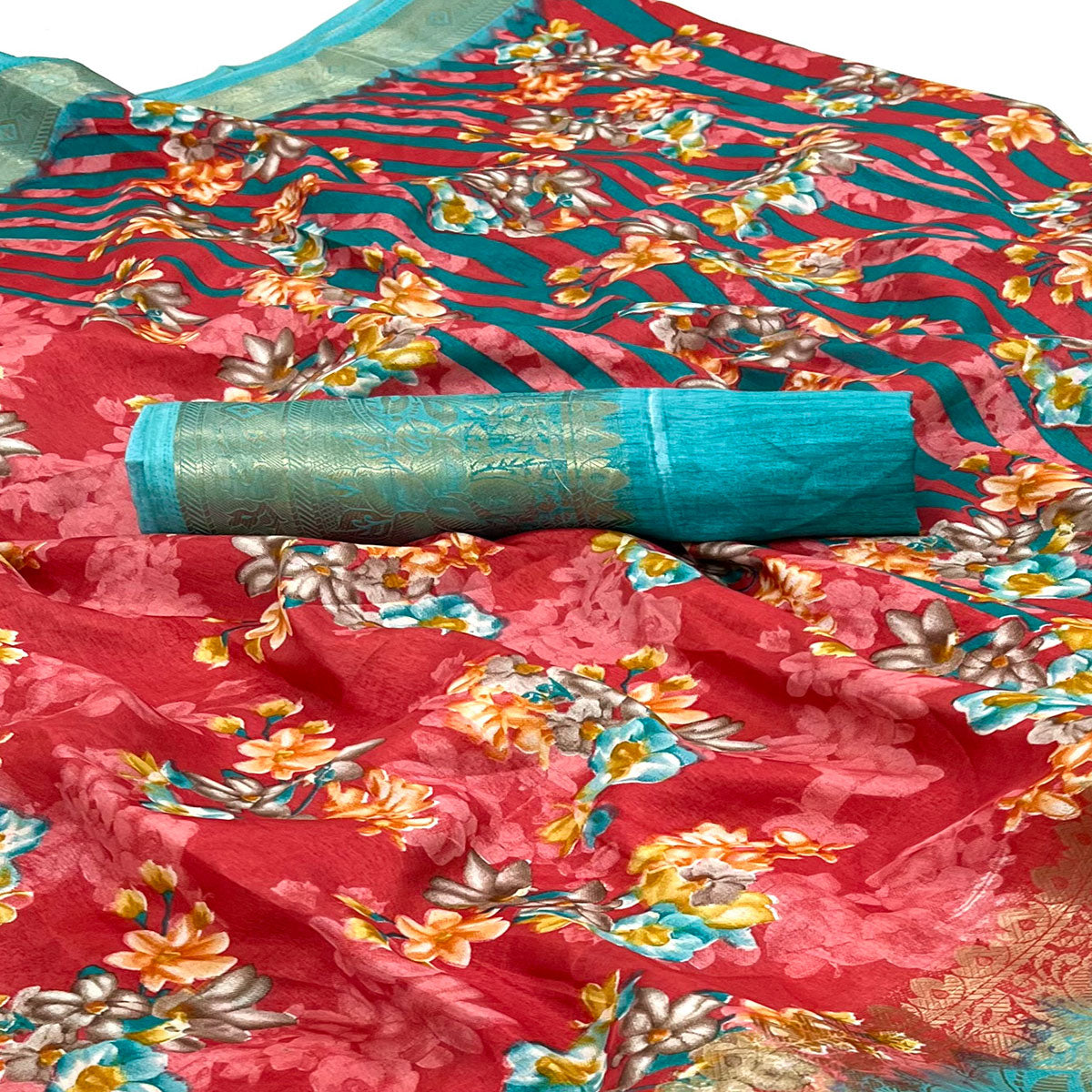 Red Floral Printed With Woven Border Dola Silk Saree