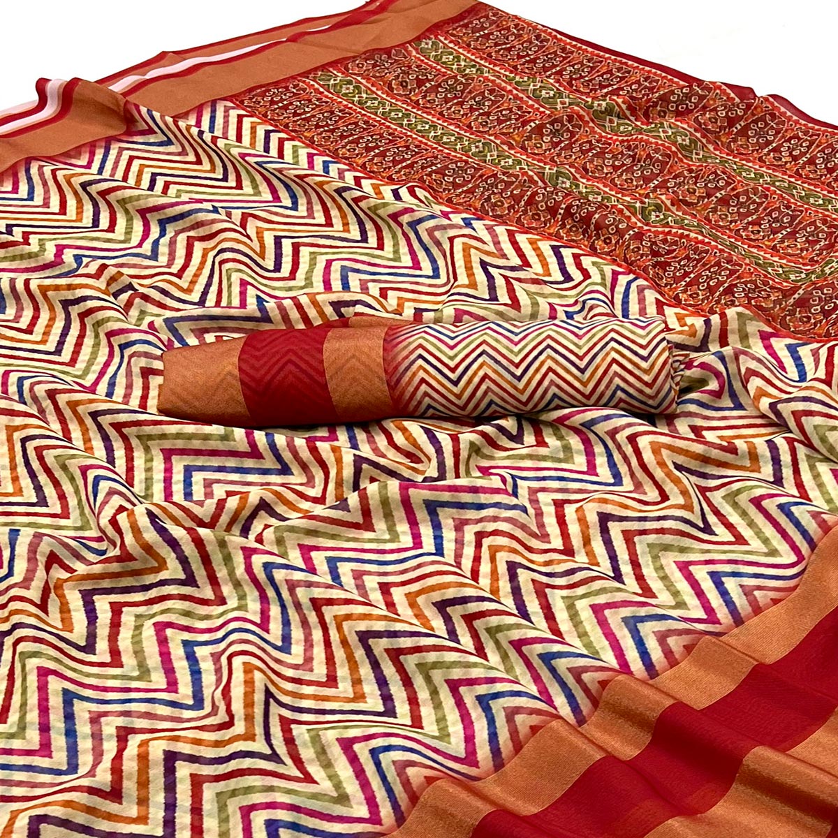 Red Geometric Digital Printed Georgette Saree