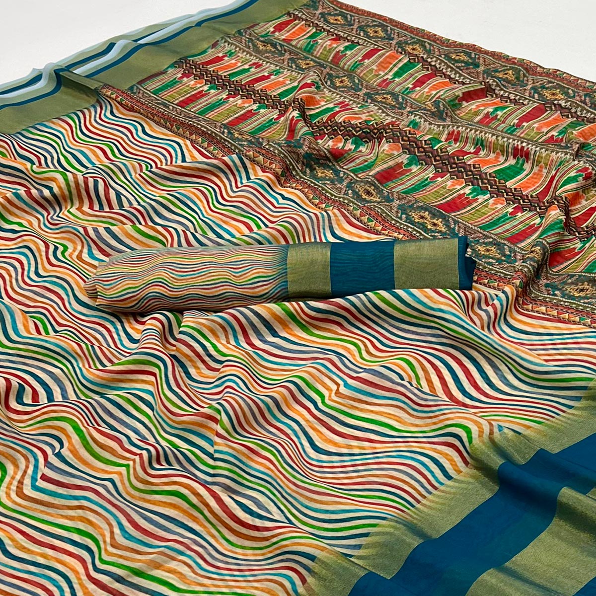 Teal Blue Striped Digital Printed Georgette Saree