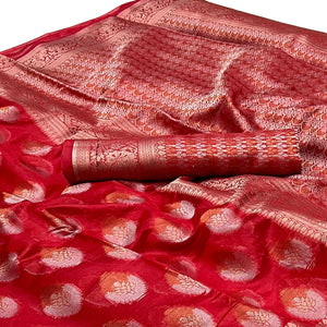 Red Floral Woven Organza Saree