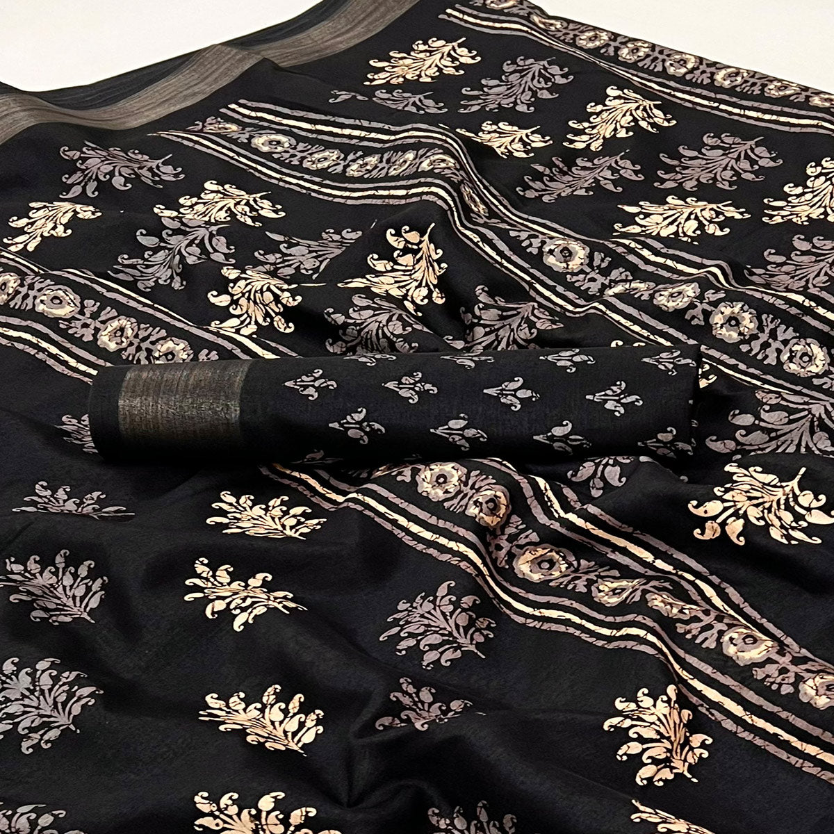 Black Printed Dola Silk Saree With Woven Border