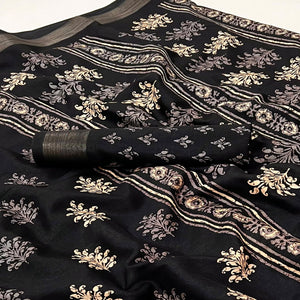Black Printed Dola Silk Saree With Woven Border