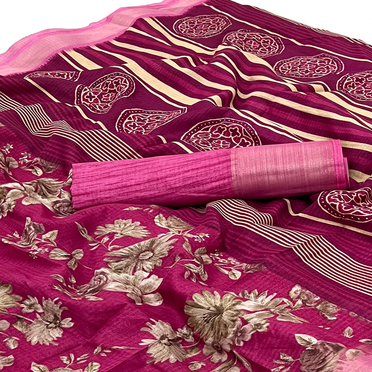 Rani Pink Floral Printed Dola Silk Saree With Woven Border
