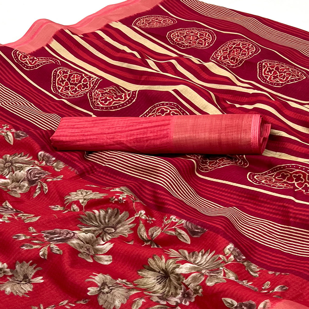 Red Floral Printed Dola Silk Saree With Woven Border