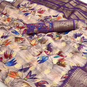 Beige Floral Digital Printed With Woven Border Cotton Silk Saree