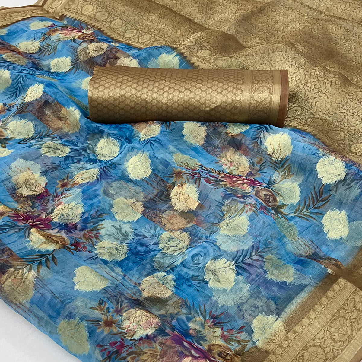 Blue Floral Digital Printed With Woven Border Cotton Silk Saree