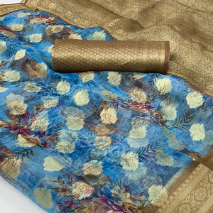 Blue Floral Digital Printed With Woven Border Cotton Silk Saree