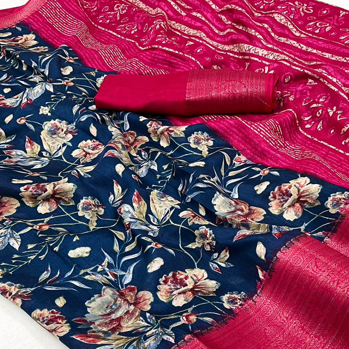 Navy Blue Floral Printed With Woven Border Dola Silk Saree