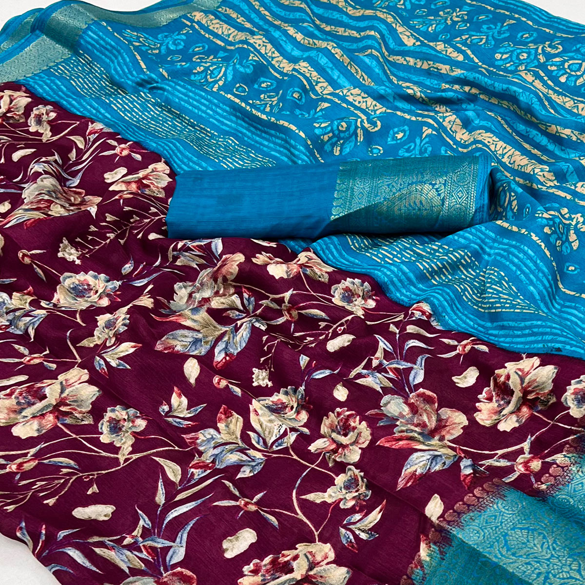 Wine Floral Printed With Woven Border Dola Silk Saree