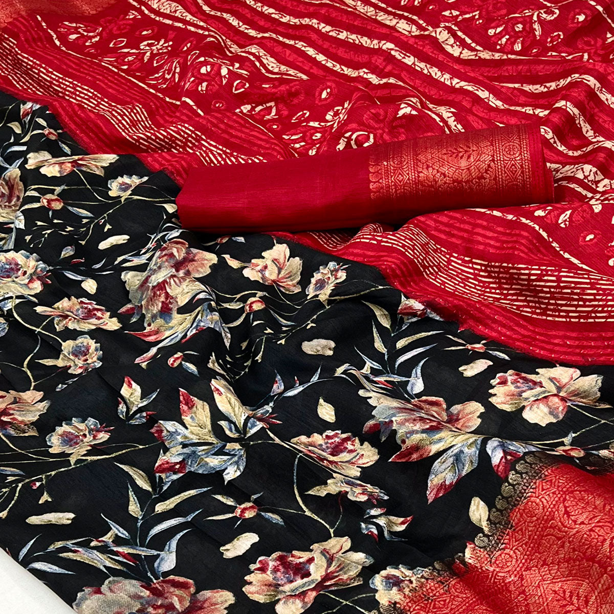 Black Floral Printed With Woven Border Dola Silk Saree