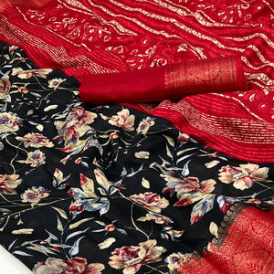 Black Floral Printed With Woven Border Dola Silk Saree