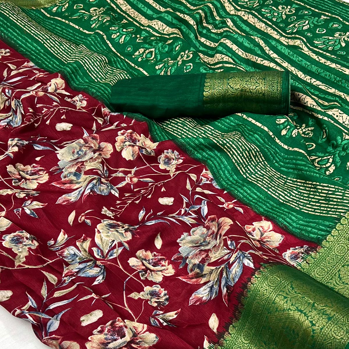 Maroon Floral Printed With Woven Border Dola Silk Saree