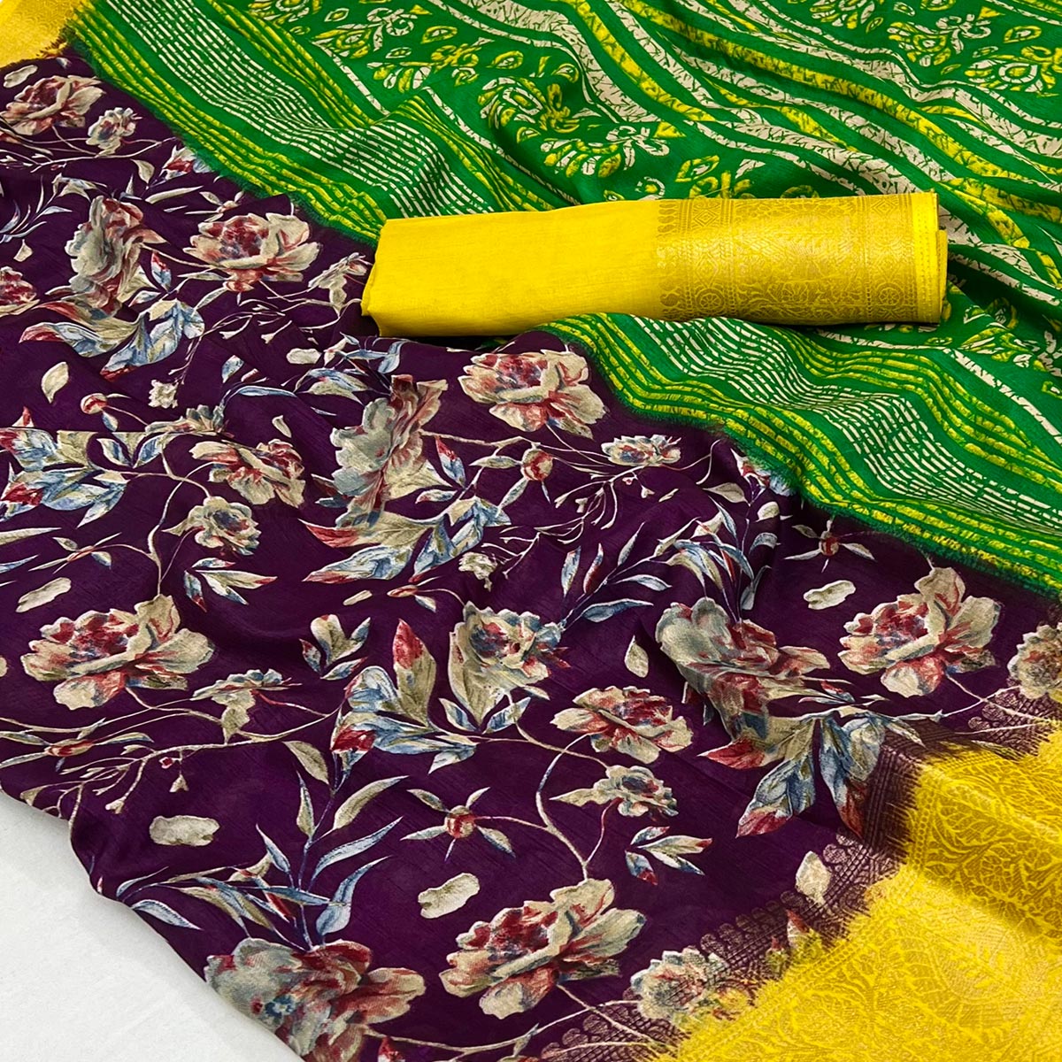 Purple Floral Printed With Woven Border Dola Silk Saree