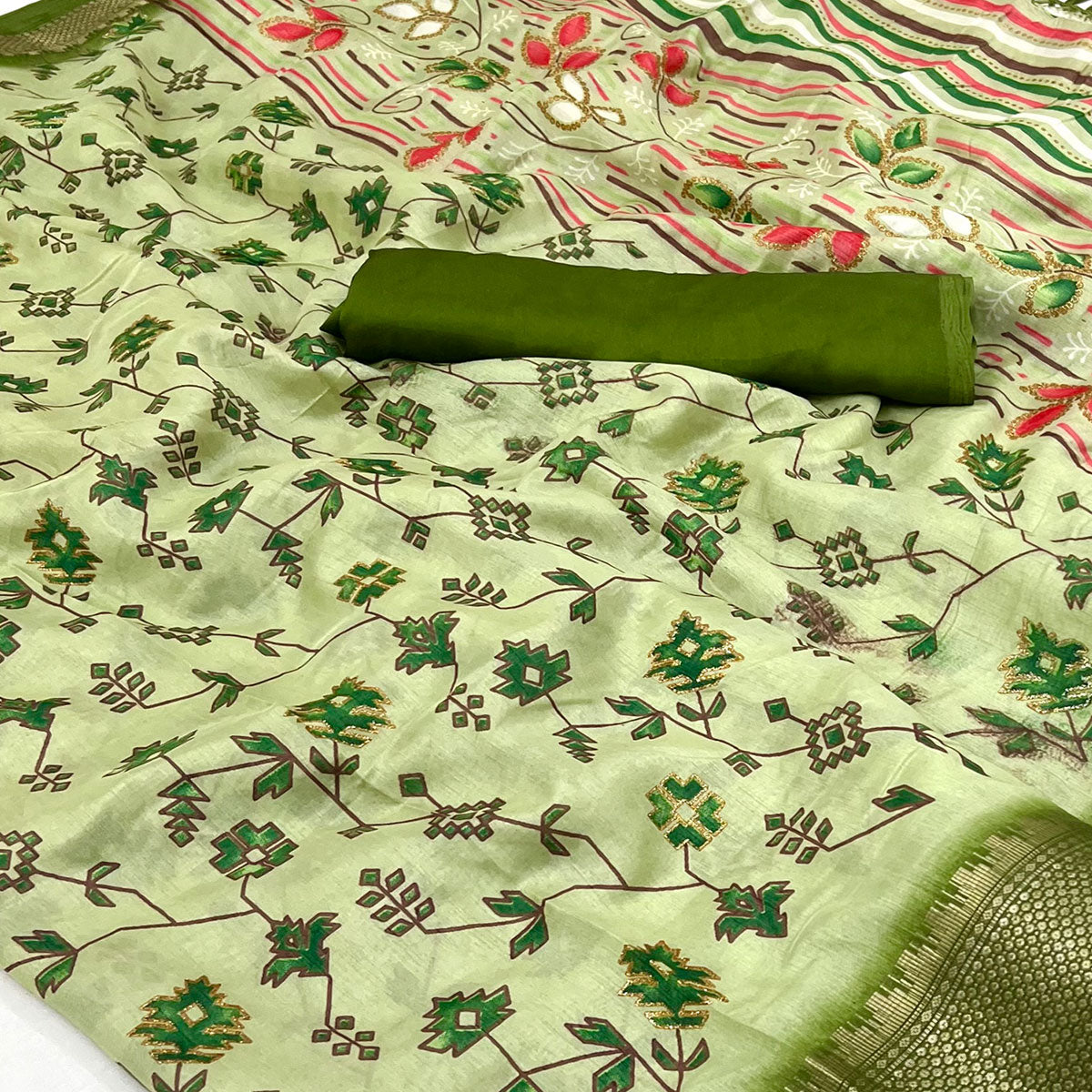 Green Floral Printed With Woven Border Dola Silk Saree