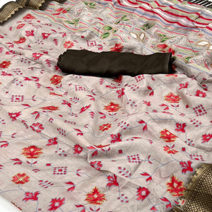 Beige Floral Printed With Woven Border Dola Silk Saree