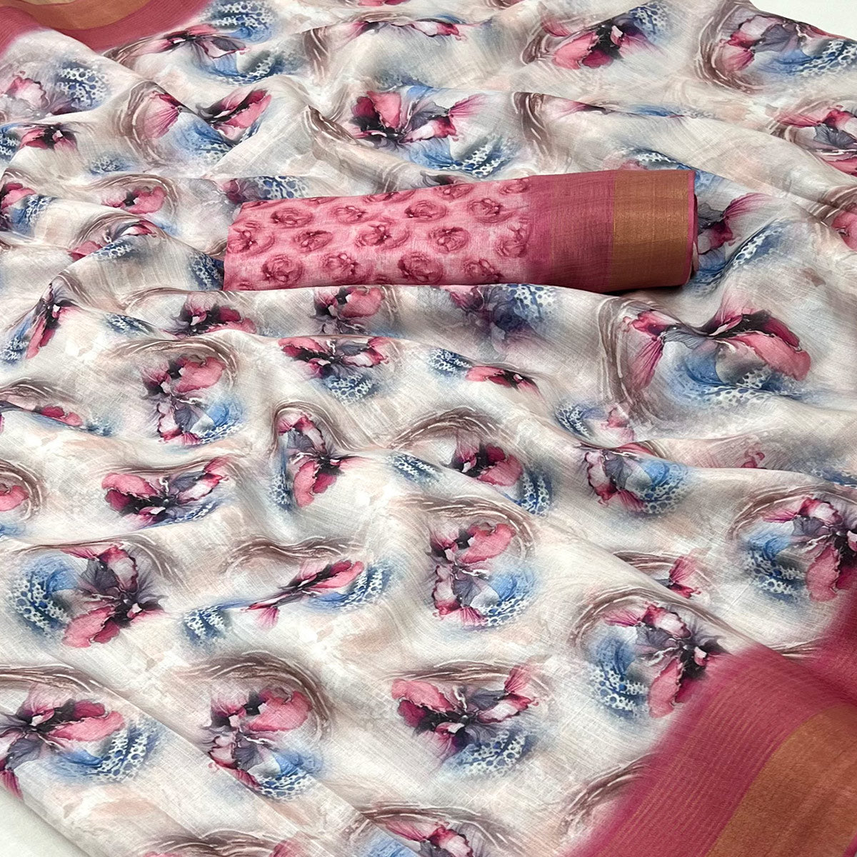 Grey Digital Printed With Woven Border Cotton Silk Saree