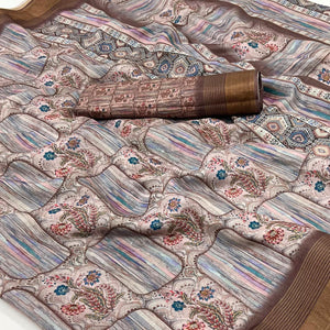 Beige Digital Printed With Woven Border Cotton Silk Saree