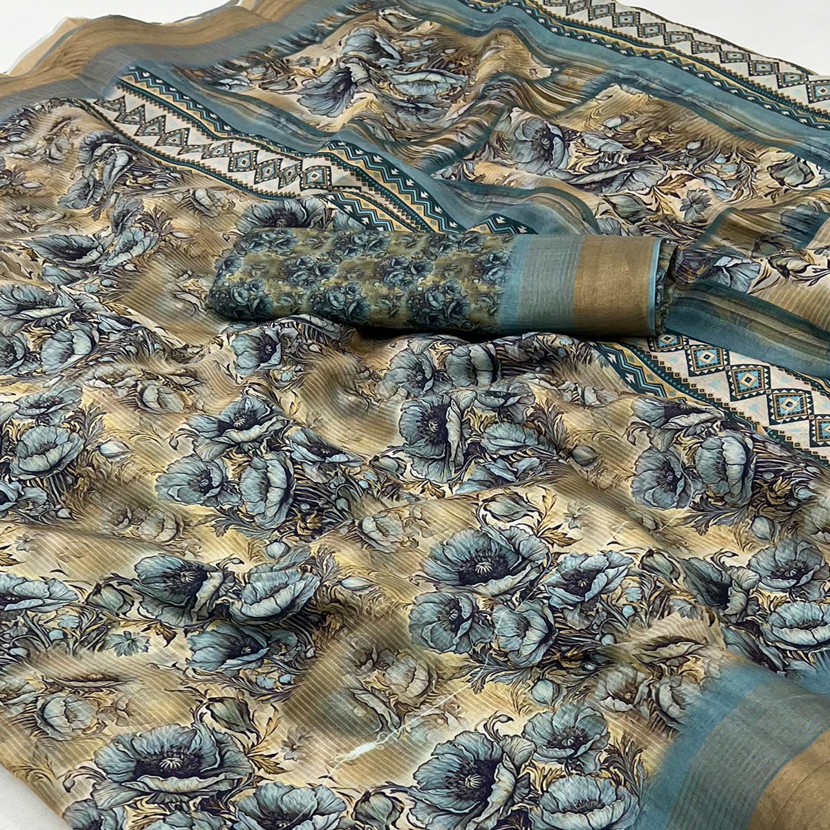 Green Digital Printed With Woven Border Cotton Silk Saree