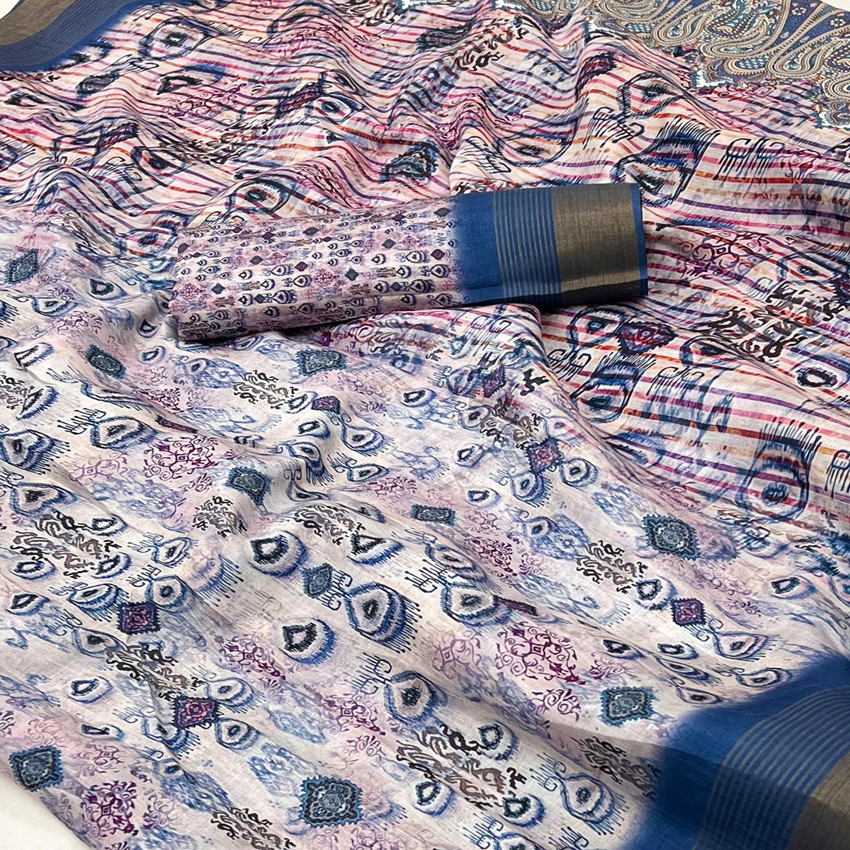 White & Blue Digital Printed With Woven Border Cotton Silk Saree