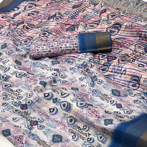 White & Blue Digital Printed With Woven Border Cotton Silk Saree