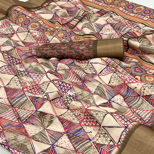 Beige Digital Printed With Woven Border Cotton Silk Saree