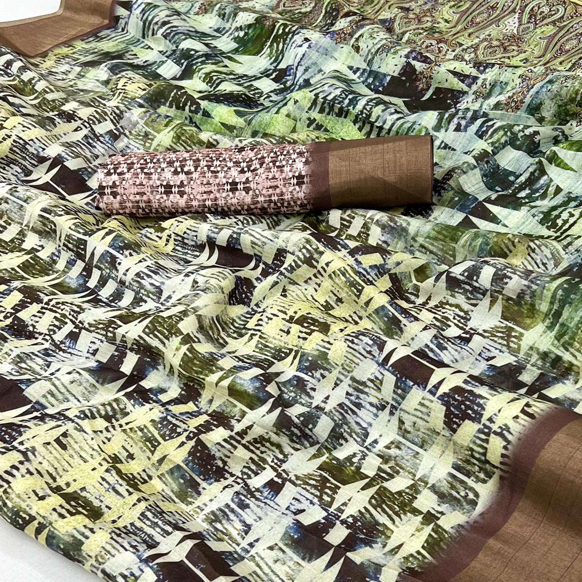 Multicolor Digital Printed With Woven Border Cotton Silk Saree