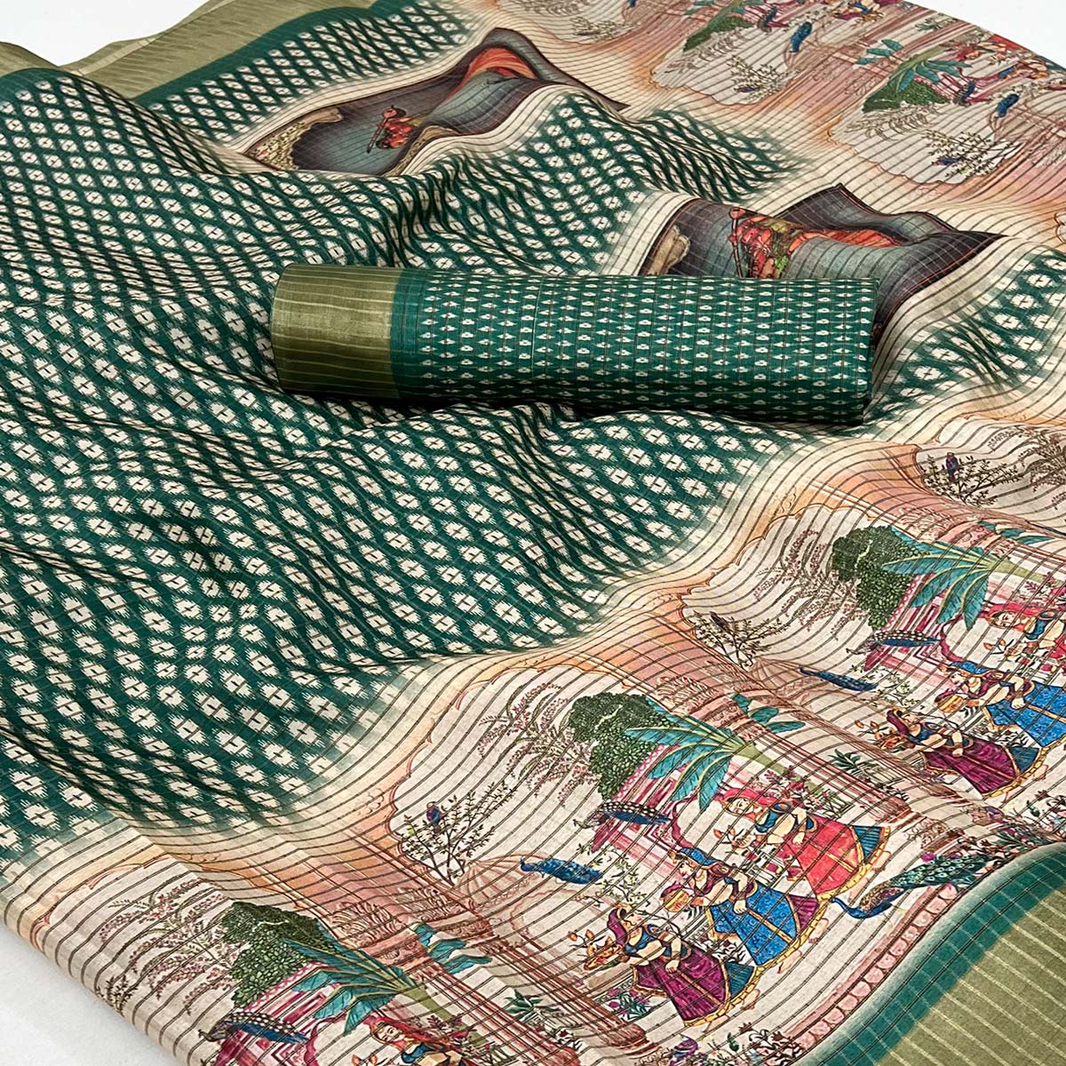 Green Digital Printed With Woven Border Cotton Silk Saree