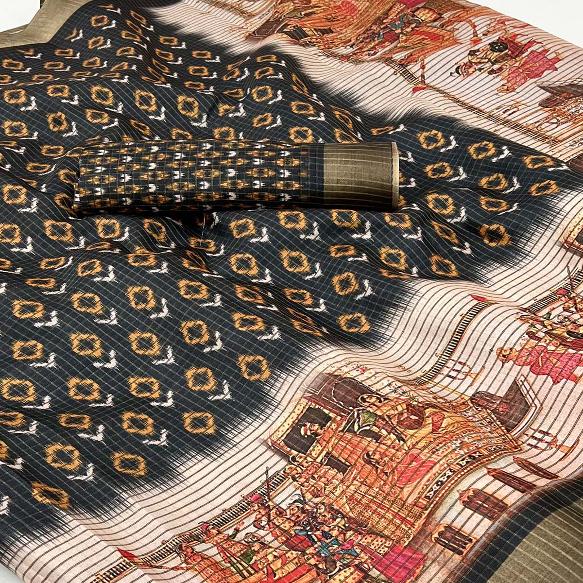 Black Digital Printed With Woven Border Cotton Silk Saree